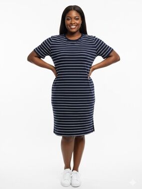 Joe Fresh Women's 3X T-Shirt Dress Midi Short Sleeve Navy Blue White Striped